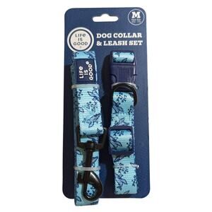 Life Is Good Dog Collar Leash Set Medium 10.5-17 in Adjustable Blue Whale Nylon